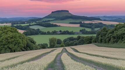 Scenic landscape featuring Roseberry Topping and farmland at sunset offering tranquility