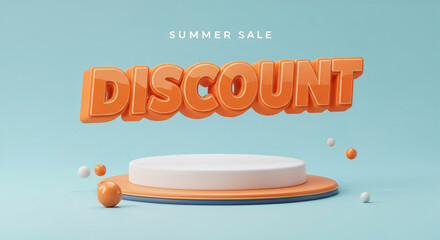 Bright summer sale display featuring discount text with colorful spheres and a minimalist background