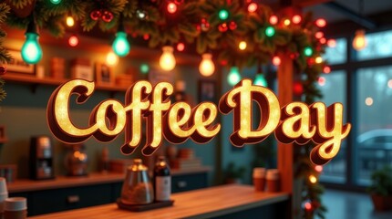 Festive coffee day celebration cozy  interior promotional campaign warm atmosphere wide shot engaging experience for all