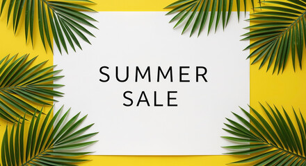 Obraz premium Bright summer sale announcement with green leaves on a vibrant yellow background
