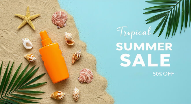 Colorful summer sale display featuring sunscreen and seashells on a sandy beach background