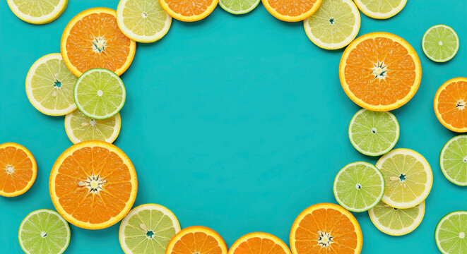 Fresh citrus fruits arranged in a vibrant circle on a teal background for a summer feel