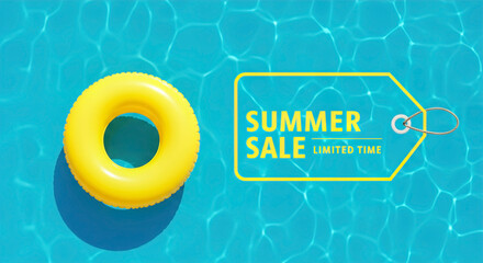 Bright yellow pool float resting in refreshing blue water during summer sale promotion