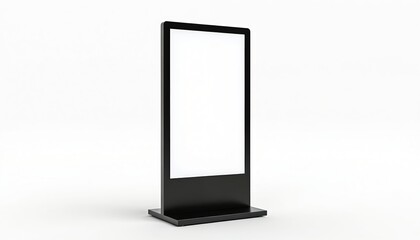 Modern digital display stand on white background for advertising, information. Black frame, blank white screen. Sleek, contemporary design, versatile promotional platform. Ideal for interactive