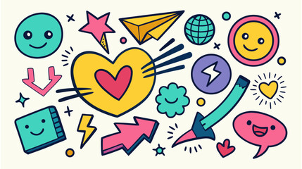 Colorful Doodle Icons Hearts, Arrows, and Smiley Faces for ai Projects