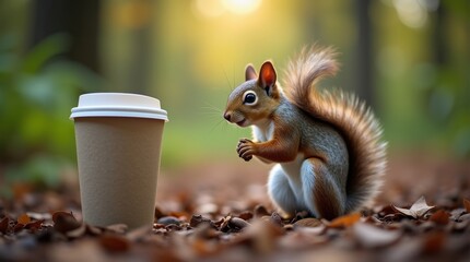 Squirrel interacting with coffee cup in forest wildlife photography autumn environment close-up view nature concept