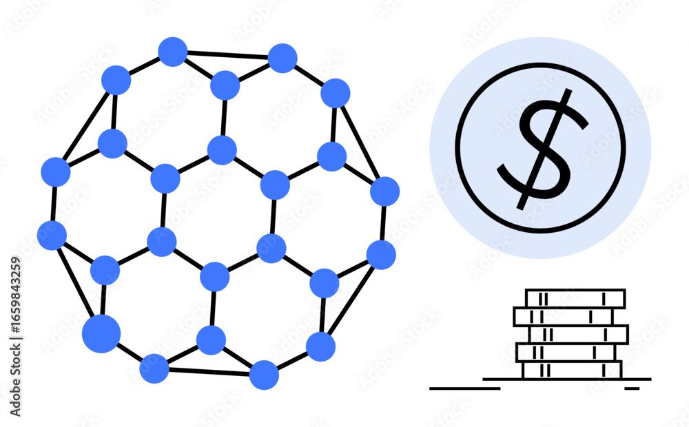 Poster geometric blockchain network connected by nodes beside a dollar sign and stack of coins. ideal for f