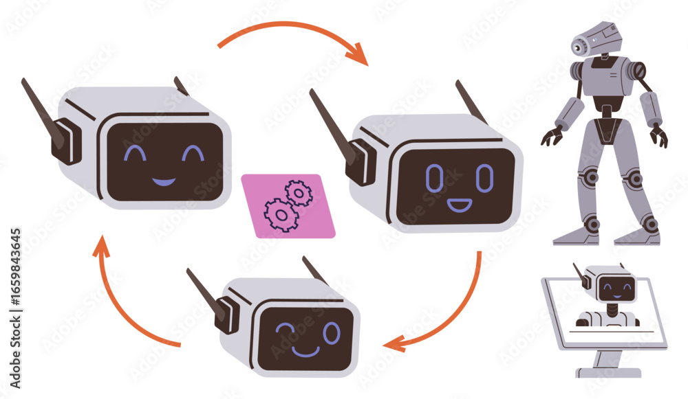 Poster three smiling robot drones interact in a circular workflow with arrows indicating communication. a b