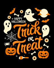 Fabric pattern in Happy Halloween theme, black background decorated with little white pumpkin ghosts at night time, can be used as a poster, greeting card, or Halloween party background.