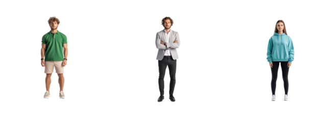 Three diverse people standing in a line showcasing different styles and personalities