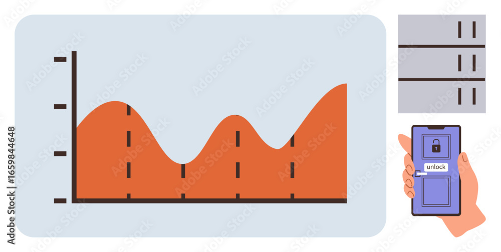 Poster red undulating graph with bars on a grid, smartphone unlocking access, secured file drawers. ideal f