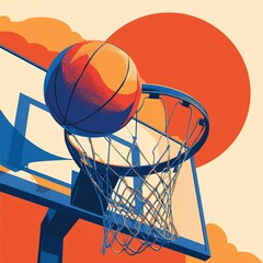 A stylized illustration of a basketball going into a hoop with a sun and clouds in the background