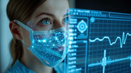 Female doctor in innovative medical mask in clinic works with patients' data. medical technologies of the future. - Powered by Adobe