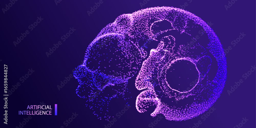 Poster technology ai banner. praticle dotted round web background. artificial intelligence futuristic swirl