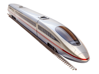 A sleek silver highspeed train on the tracks, isolated on transparent background, showcasing modern technology and efficient public transportation