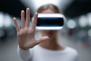 Woman using VR headset with hand raised, Interactive virtual environment demo