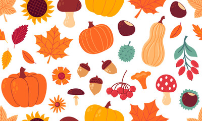 Seamless autumn pattern. Background of fall leaves, foliage, flowers, chestnut, acorn, berries, apples, pumpkins, mushrooms. Hand drawn flat vector illustration