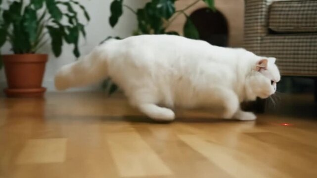 White cat playing with a laser pointer on light brown wooden floor