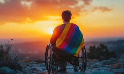 Inclusive image of a disabled homosexual man in a wheelchair, wearing a rainbow pride flag. The image celebrates LGBTQ+ diversity and inclusion during Pride events, with a sunset, Generative AI