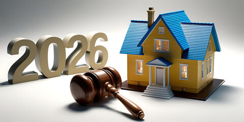A house with gavel and the year two thousand twenty six on a white background in a studio shot