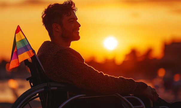 Inclusive image of a disabled homosexual man in a wheelchair, wearing a rainbow pride flag. The image celebrates LGBTQ+ diversity and inclusion during Pride events, with a sunset, Generative AI