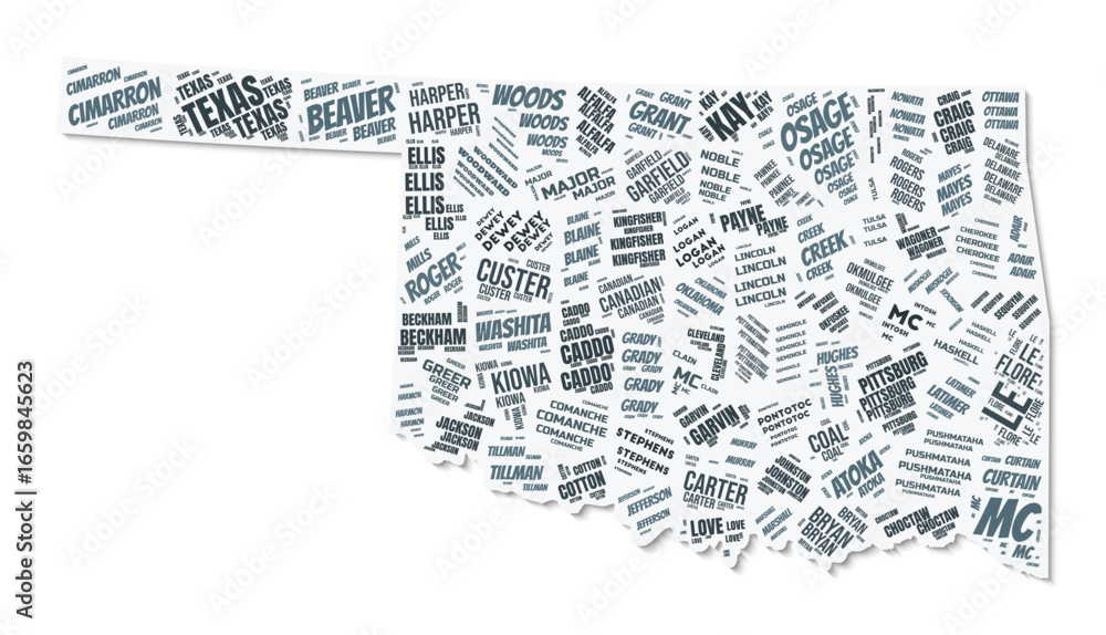 Poster oklahoma shape text cloud. state border with shadow on white background. oklahoma with counties divi