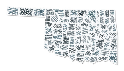 Oklahoma shape text cloud. State border with shadow on white background. Oklahoma with counties division in vintage gazette style. Elegant vector illustration.