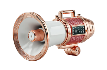 3D icon of a megaphone, in white and rose gold color on an isolated on a transparent background in PNG format.