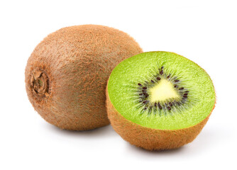 Kiwi fruit with halved isolated on white.