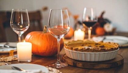 Naklejka premium Autumn dinner table with pumpkin tart, wine glasses and candles, cozy rustic lifestyle food photography 