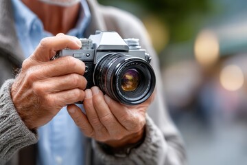 Obraz premium Elderly man with gray hair captures moments in a busy urban setting using a vintage camera