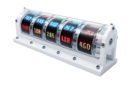 Digital stock ticker displaying financial data in segmented, rolling cylinders
