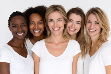 Diverse women smiling in white shirts, Unity friendship celebration theme
