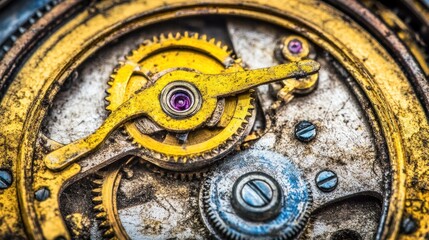 Detailed macro shot of an antique watch mechanism showcasing intricate gears and design