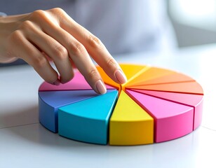Fototapeta premium A hand points to a section of a colorful pie chart