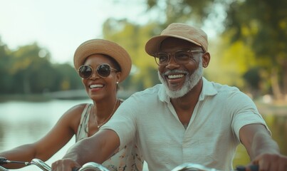 Happy active African American couple cycling outdoors in a park, promoting a healthy and active lifestyle. The candid image reflects senior wellness and leisure fitness activities, Generative AI