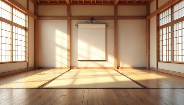 Serene dojo interior with tatami mats, wooden floor and soft light. Traditional japanese martial arts training space with shoji windows, scroll on the wall, beams, natural minimalist design. - Powered by Adobe