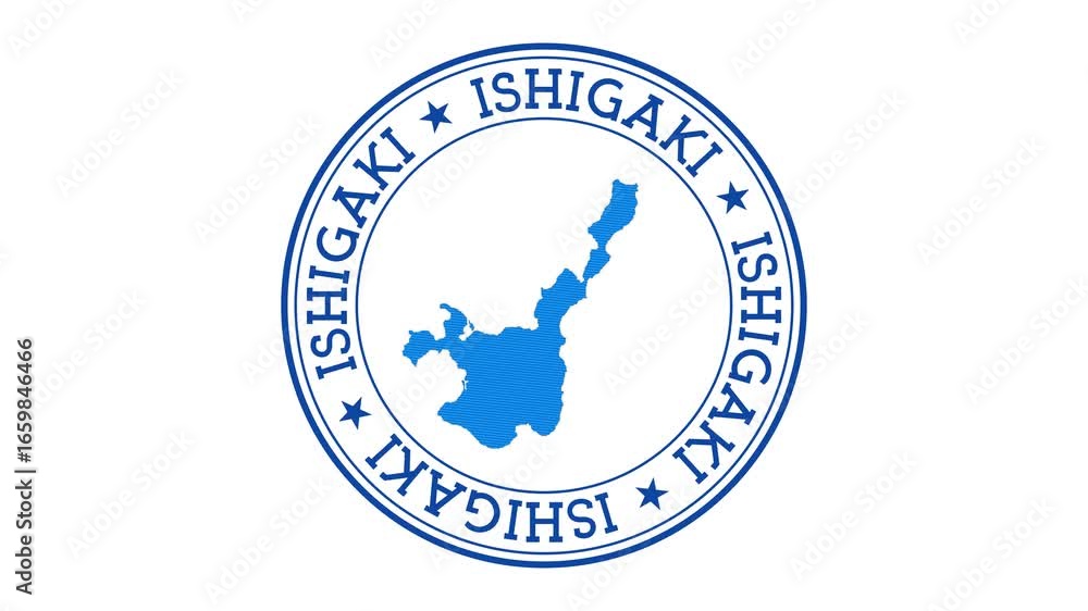 Poster ishigaki intro. badge with the circular name and map of island. ishigaki round logo animation.
