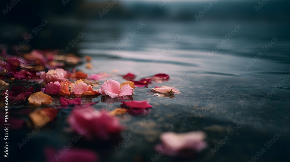 Poster flower petals floating on the calm surface of a lake creating a serene reflection