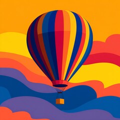Fototapeta premium A vibrant hot air balloon with colorful stripes floating against a stylized orange and blue sky background