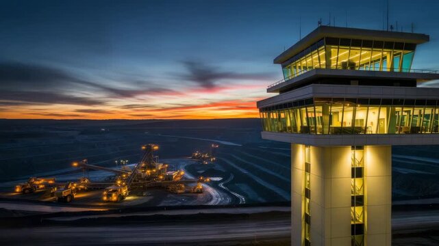 Spectacular aerial view of mining operation at sunset with control tower observation decks