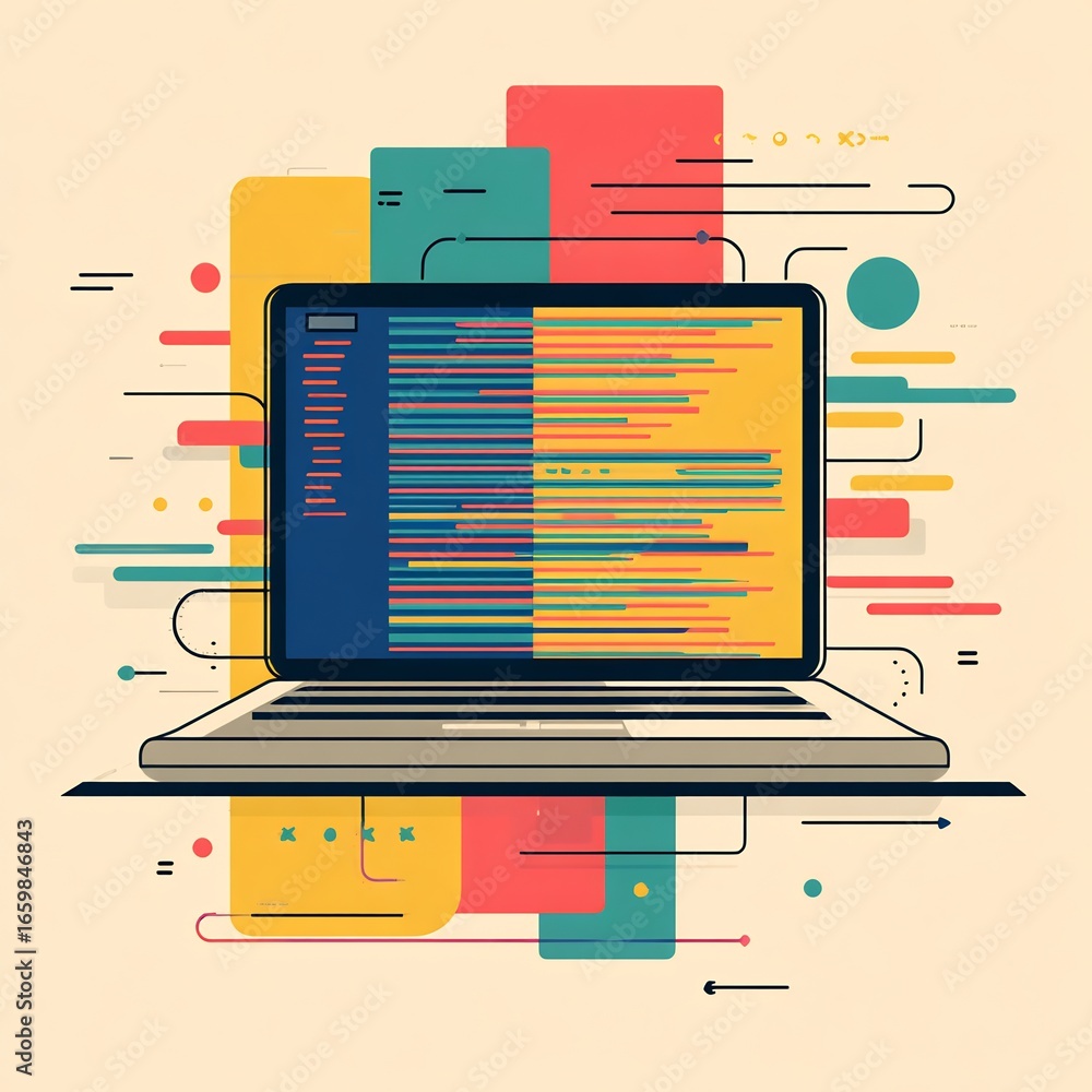 Fototapete a laptop displaying code with colorful shapes and lines in an abstract digital illustration style