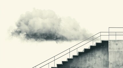 Surreal business concept of stairs ascending toward a floating cloud in soft grey, charcoal, cream, ideal for New Year goals, Innovation Day, Motivation events.