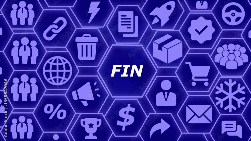 Poster futuristic digital network of business and finance icons with glowing 