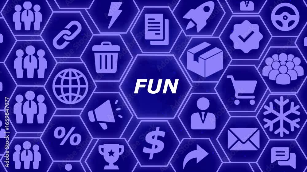 Aufkleber digital hexagon network technology icons with fun text overlay blue gradient background business con