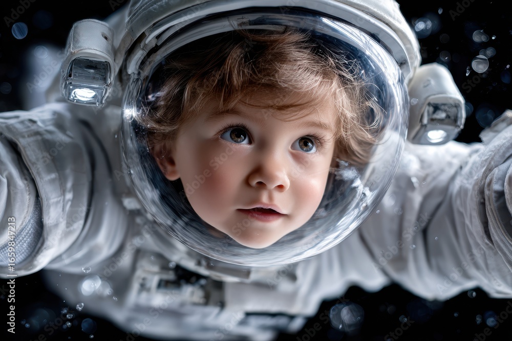 Poster child in astronaut suit exploring space environment with wonder and curiosity