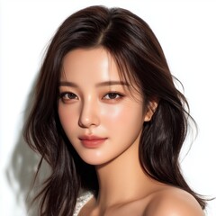 Fototapeta premium Elegant woman with radiant skin and flowing dark hair, captivating beauty portrait