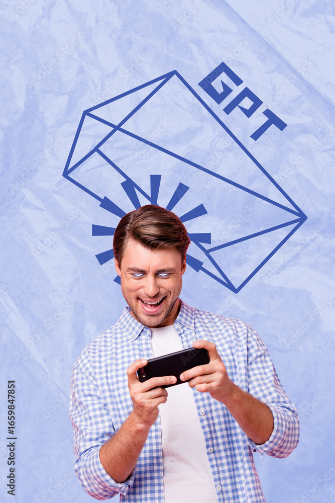 Poster sketch image artwork composite 3d photo collage of young man smile play gamepad remote internet devi