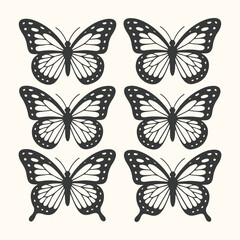 Colorful butterflies and flying insects collection with black vector wing illustrations on a white background