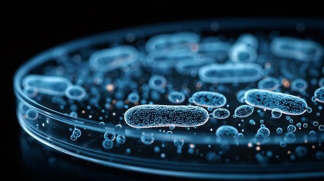Microbiological culture Petri dish with a colonies of the pathogenic bacterium Escherichia coli. Bacteria cells samples for lab science microbiology researches. AI generated video .